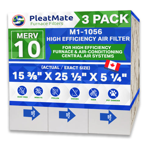 M1-1056 MERV 10 Replacement Furnace Filter. Actual Size 15 3/8" x 25 1/2" x 5 1/4." Case of 3