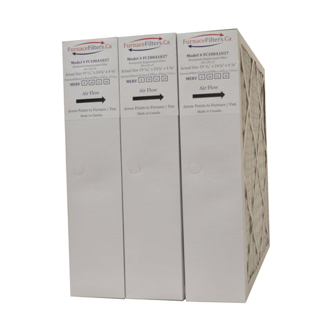 Honeywell 20x25x4 Furnace Filter Model # FC100A1037 MERV 8. Actual Size 19 3/4" x 24 3/4" x 4 3/8." Made in Canada by Furnace Filters.Ca Pkg. of 3