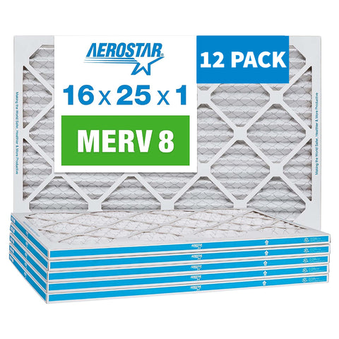 Aerostar 16x25x1 Furnace Filter MERV 8 Pleated Filters. Case of 12