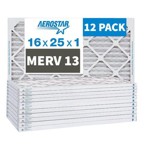 Aerostar 16x25x1 Furnace Filter MERV 13 Pleated Filters. Case of 12