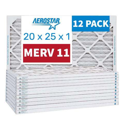 Aerostar 20x25x1 Furnace Filter MERV 11 Pleated Filters. Case of 12