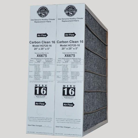 Lennox X6675 Furnace Filter 20x25x5 Healthy Climate Carbon Clean MERV 16 for Model HCF20-16. Package of 2