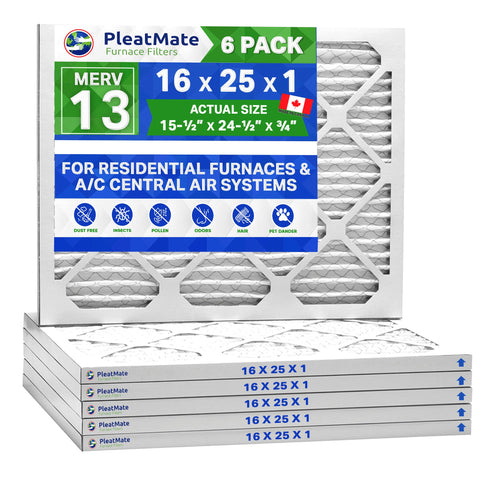 16x25x1 MERV 13 Furnace Air Filter, Pleated Material. Case of 6 - MADE IN CANADA by FurnaceFilters.Ca