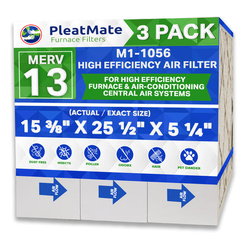 M1-1056 MERV 13 Replacement Furnace Filter. Actual Size 15 3/8" x 25 1/2" x 5 1/4." Case of 3. Made by FurnaceFilters.Ca