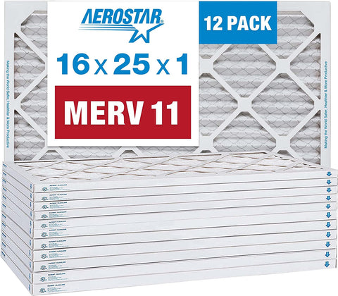 Aerostar 16x25x1 Furnace Filter MERV 11 Pleated Filters. Case of 12